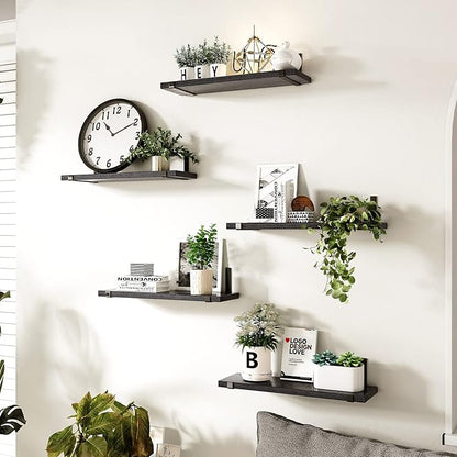 Fixwal Floating Shelves for Wall, Width 4.7 Inches Black Wall Shelves, Rustic Wood Wall Storage Shelves for Bedroom, Living Room, Kitchen, Bathroom, Home Decor (Set of 5 Black)
