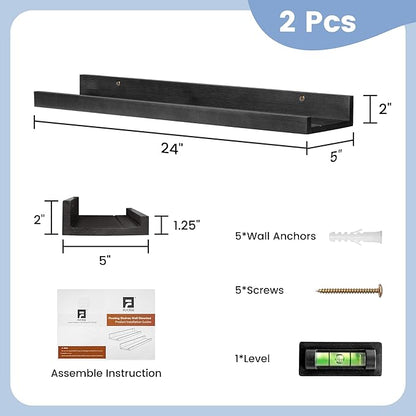 Picture Ledge Shelf for Wall, 24 inch Solid Ash Wood Nursery Book Shelves 2 Packs, Floating Shelves for Kids' Room Bedroom Bathroom Living Room Photo Frames Office Nursey Wall Decor, Black