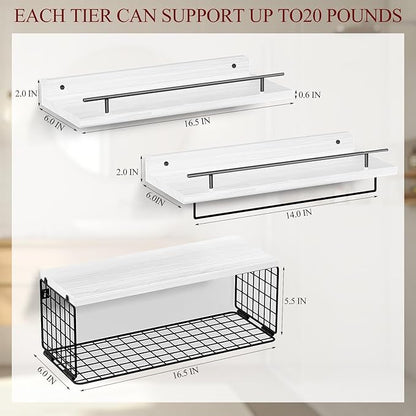 Floating Shelves for Wall, Wood Bookcases, Decor for Kitchen| Farmhouse| Bedroom| Laundry Room| Living Room| Bathroom, Hanging Storage - White