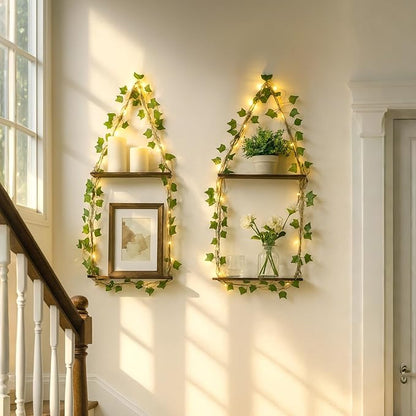 Artilady 2 Pack Artificial Ivy Macrame Hanging Shelves with Lights Boho Wall Decor, 2 Tier Wood Flaoting Shelf Plant Storage Rack for Bedroom Bathroom Living Room Nursery