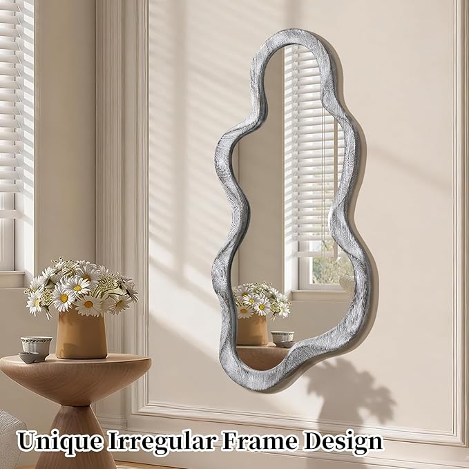 Irregular Wall Mirror Cloud Wavy Wood Frame Mirrors Asymmetrical Modern Mirror for Wall for Vanity Bathroom Living Room Bedroom Entryway Hallway Modern Unique Decorative Artistic Mirror Large