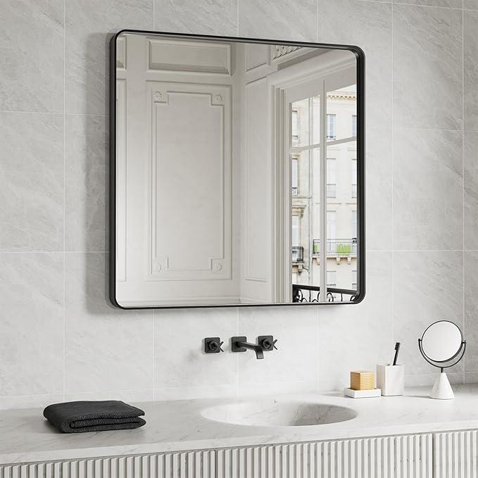 Black Bathroom Mirror 36X36 Inch, Black Metal Framed Mirror for Wall, Rounded Rectangle Matte Bathroom Vanity Mirror with Tempered Glass, Anti-Rust, Horizontal/Vertical