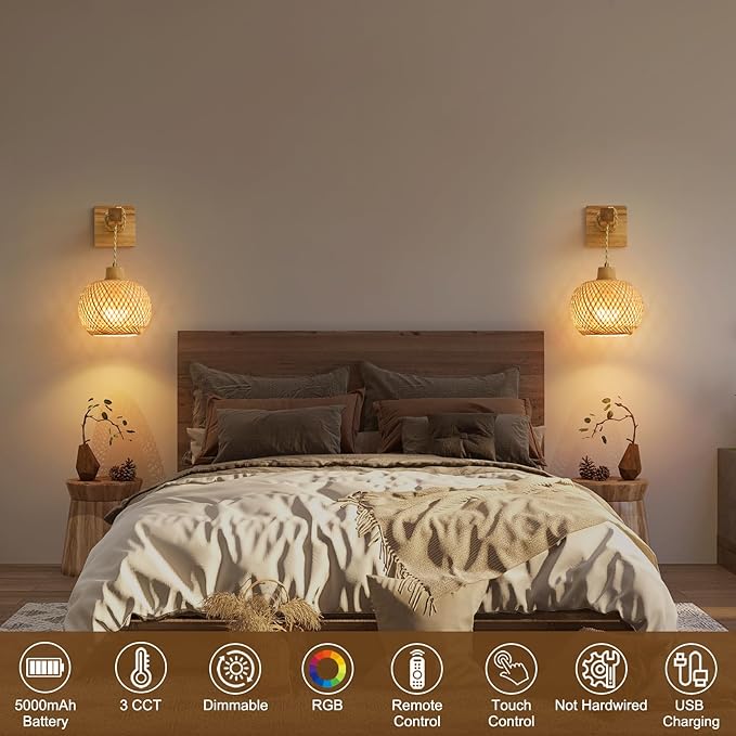 Bamboo Battery Operated Wall Sconces Set of 2, Rechargeable Rattan Cordless Battery Powered Wall Lights/Lamps with Remote, Woven Boho Wireless Decor Lighting Fixture for Living Room Bedroom