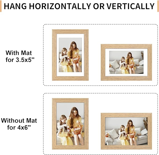 4x6 Picture Frame Set of 4, Displays 3.5x5 with Mat or 4x6 Without Mat, Photo Frames for Wall Hanging or Tabletop, Includes HD Plexiglass, Light Wood Grain