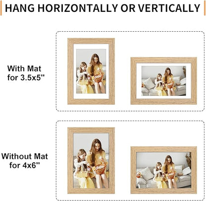4x6 Picture Frame Set of 4, Displays 3.5x5 with Mat or 4x6 Without Mat, Photo Frames for Wall Hanging or Tabletop, Includes HD Plexiglass, Light Wood Grain