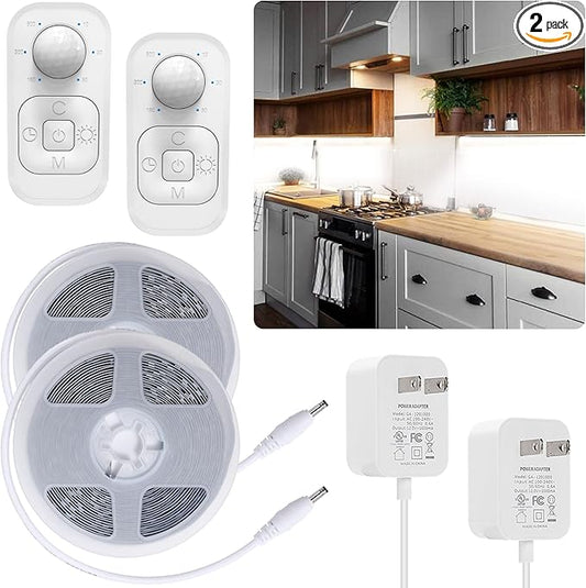 Motion Sensor Under Cabinet Lights - Plug-in LED Strip Lights Indoor With UL FCC Approved Adapter, Dimmer And Timer For Kitchen Cabinet, Counter, Shelf, Showcase, Stairway, Bedroom, Corridor, Washroom