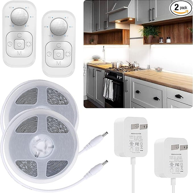 Motion Sensor Under Cabinet Lights - Plug-in LED Strip Lights Indoor With UL FCC Approved Adapter, Dimmer And Timer For Kitchen Cabinet, Counter, Shelf, Showcase, Stairway, Bedroom, Corridor, Washroom