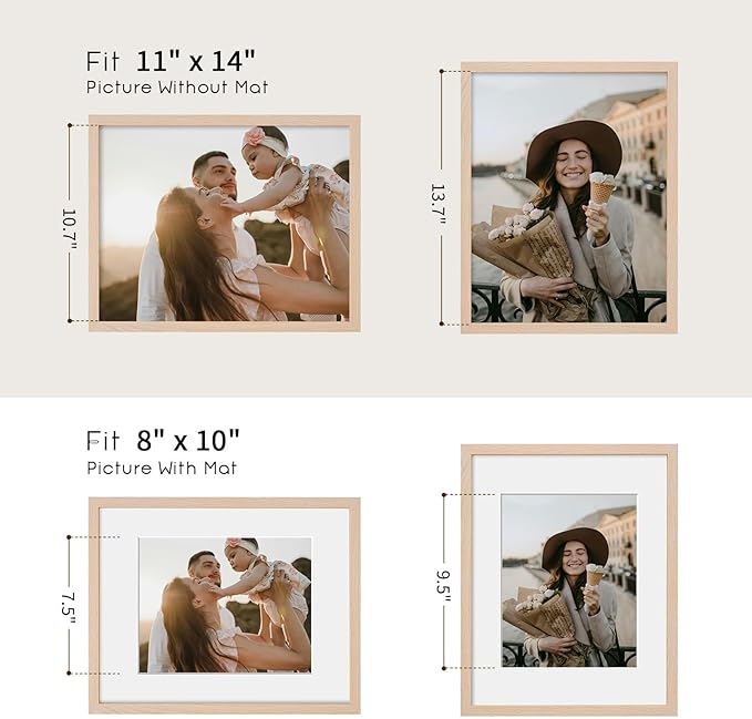 puthiac 11x14 Solid Oak Wood Picture Frame, Fits 8x10 with Mat or 11x14 Without Mat, Wall Display Only, Vertical or Horizontal, Plexi Front, 1 Pack, Natural Oak