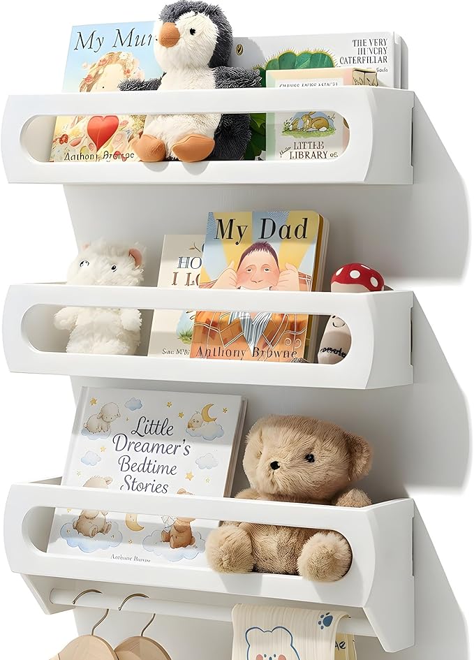 Nursery Book Shelves, Premium Bamboo Wood, Fully Assembled - Nursery Decor, Book Shelf for Kids Rooms, Multi-Use Floating Shelves for Wall with Hanger Bar, Set of 3 (White, 16.5 Inches)