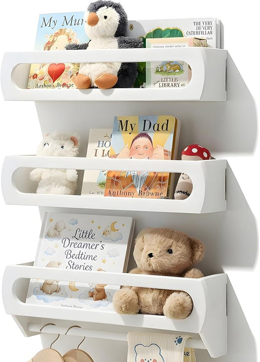 Nursery Book Shelves, Premium Bamboo Wood, Fully Assembled - Nursery Decor, Book Shelf for Kids Rooms, Multi-Use Floating Shelves for Wall with Hanger Bar, Set of 3 (White, 16.5 Inches)