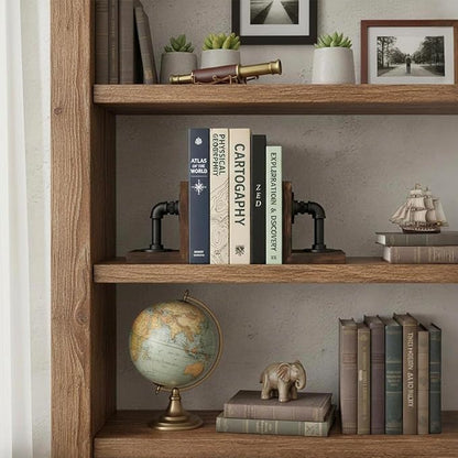MyGift Book Ends Decorative, Bookends for Shelves, Metal Bookends for Heavy Books, Office Decor for Men, Wood Book Stopper, Realistic Industrial Pipe Design, Dark Brown