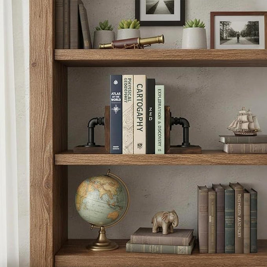 MyGift Book Ends Decorative, Bookends for Shelves, Metal Bookends for Heavy Books, Office Decor for Men, Wood Book Stopper, Realistic Industrial Pipe Design, Dark Brown