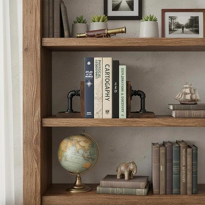 MyGift Book Ends Decorative, Bookends for Shelves, Metal Bookends for Heavy Books, Office Decor for Men, Wood Book Stopper, Realistic Industrial Pipe Design, Dark Brown