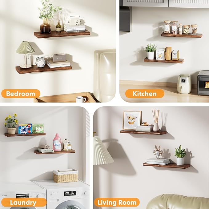 Floating Shelves for Wall Rustic Farmhouse 24 Inch Floating Shelf Wooden Shelves for Wall Mounted Live Edge Pine Shelf with Unique Natural Grain for Living Room Bedroom Kitchen (Golden Oak Finish)