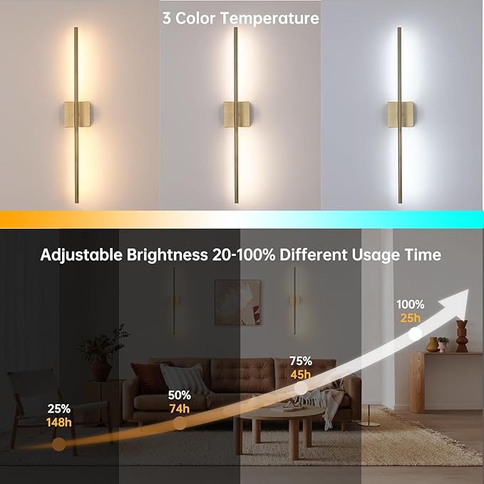 Battery Operated Wall Sconce Set of 2, 10400mAh Rechargeable Wall Sconces, 3000K-6000K Dimmable, 350°Rotate, Indoor Wall Lights for Bedroom Living Room Bathroom, Gold, 31.5 Inch