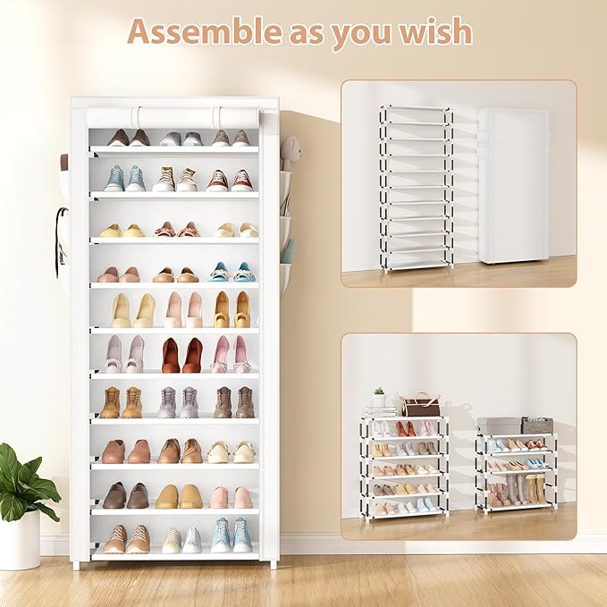 VTRIN Vertical Narrow Shoe Rack Organizer Tall Shoe Rack for Closet Entryway 10 Tier Non-Woven Cover Shoe Shelf Holds 36-41 Pairs Free Standing Shoe Storage Cabinet with Dustproof Cover, White