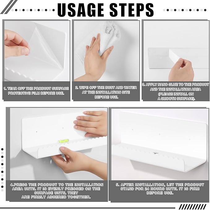2 Pack Acrylic Wall Floating Shelves, White Adhesive Organizer, 11.8“ Acrylic Floating Bookshelves, Wall Display Shelve for Bedroom, Gaming Room, Living Room, Bathroom, Office