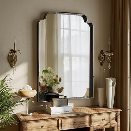 GLSLAND 24"x36" Petal Arch Bathroom Mirror – Modern Metal Frame Vanity Mirror with Scalloped Edge for Over Sink, Bedroom, Living Room, Entryway, Non-Rusting Decorative Wall Mirror, Black
