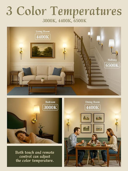 Battery Operated Wall Sconces Set of 2, Black Gold Cordless Wall Lights with Rechargeable Magnetic Bulbs and Remote, Dimmable & 15 RGB Colors Wall Lamps for Bedroom Living Room Hallway 23Inch