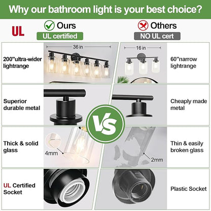 6-Light Bathroom Light Fixtures, Black Modern Vanity Lights with Clear Glass Shade, Bathroom Wall Lamp for Mirror Kitchen Living Room Hallway Cabinet Porch