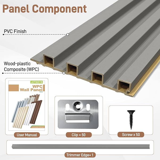 16 Packs 3D Wall Panels, 48 x 6 Inch WPC Slat Wall Panels for Wall Decor, Fluted Accent Wall Paneling for Living Room Bedroom TV Background Study Room Office, Grey Oak