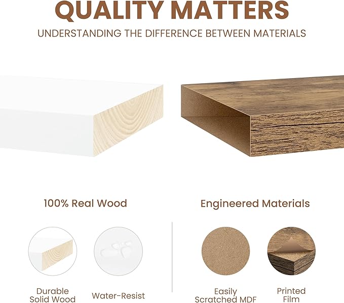 Fun Memories Rustic Floating Shelves for Home Decor, 8 Inch Deep Floating Shelf, Solid Wood Floating Wall Shelves 30 Inch Long, Deep Wall Shelves for Bathroom, Living Room, White Finsh, Set of 2