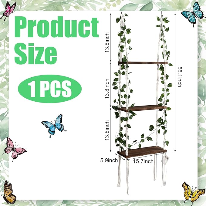 Novabright 3-Tier Boho Wall Hanging Shelves with LED Lights and Green Leaves, Irregular Edge, Floating Wall Shelf for Bedroom Art, Wooden Hanging Floating Storage Shelves Room Decor