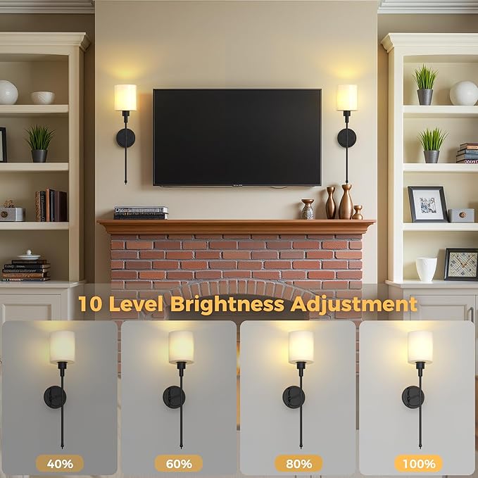 DORESshop Battery Operated Wall Sconce Set of 2, Wireless Wall Light Easy to Install, 10 Color, Sconce Wall Decor Set of 2 for Bedroom, Living Room, Black and Milky White Glass Shade, 24.3in
