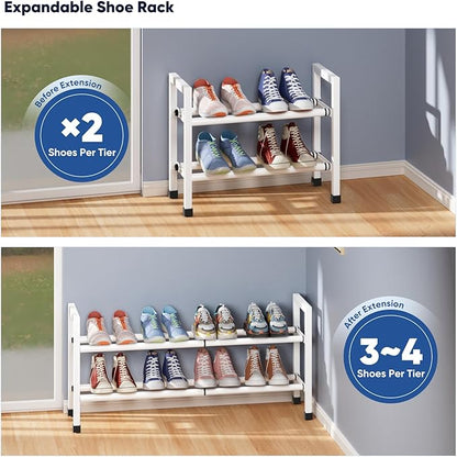 Abiglifty 2-Tier Expandable Shoe Rack,17"-33" Adjustable Shoe Rack for Closet,Metal Shoes Shelves for Front Door Entrance, Garage & Corridor, Free Standing Shoe Holders, Easy to Assemble,White
