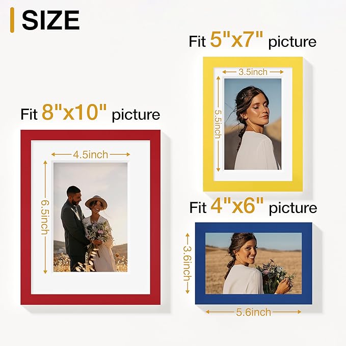 Vittanly Picture Frames Set of 10, Picture Frames Collage Wall Decor with Two 8x10, Four 5x7 and Four 4x6 Photo Frames, Gallery Wall Frame Set for Wall or Tabletop Display, Red, Yellow and Blue