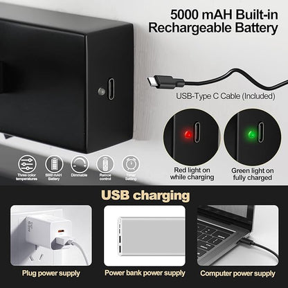 LED Wireless Picture Light with Remote Control,USB Rechargeable Battery Powered Art Lamps,Dimmable,270° Rotate,Timing,15.5 Inch Black Wall Lights for Paintings,Picture Frame,Gallery