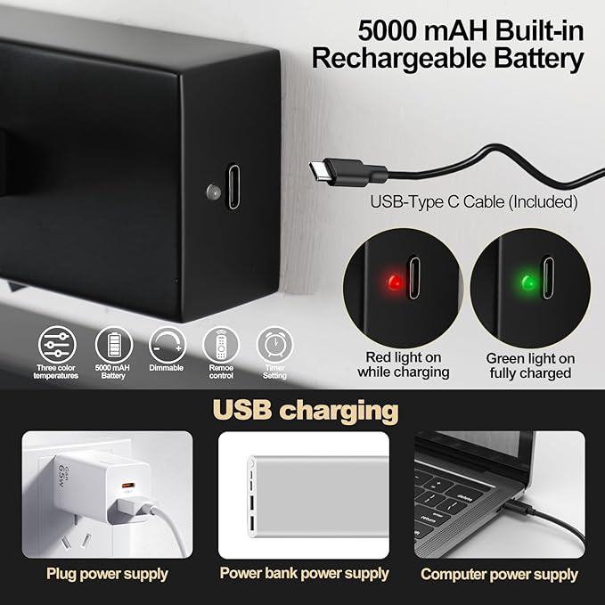 LED Wireless Picture Light with Remote Control,USB Rechargeable Battery Powered Art Lights,Dimmable,Timing,Black Wall Lights for Paintings,Picture Frame,Gallery(Black, 11.62inch)