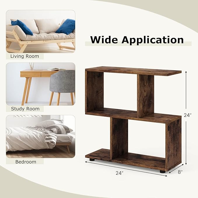 LOKO 3-Tier Geometric Bookshelf Set of 2, S-Shaped Open Bookcase, Freestanding Decorative Storage Shelving, Home Storage Organizer for Living Room, Bedroom, Home Office (2, Rustic Brown)
