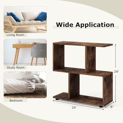 LOKO 3-Tier Geometric Bookshelf Set of 2, S-Shaped Open Bookcase, Freestanding Decorative Storage Shelving, Home Storage Organizer for Living Room, Bedroom, Home Office (2, Rustic Brown)