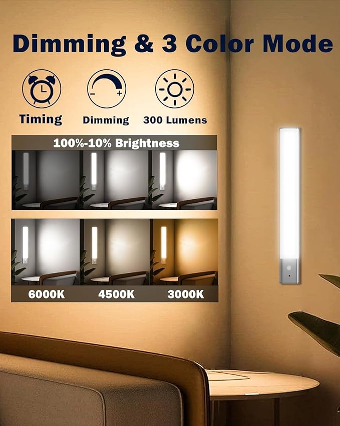 Under Cabinet Lighting with Remote, 64 LEDs Motion Sensor Light Indoor Closet Lights, 3 Color Temps Wireless Rechargeable Dimmable LED Night Light for Shelf, Pantry, Stair, 3 Pack
