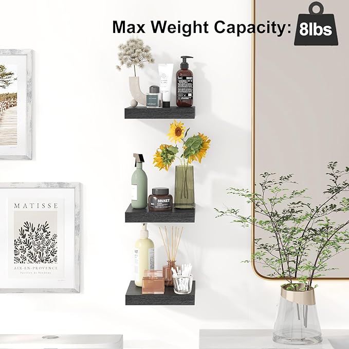 Fixwal Small Floating Shelves for Wall, 8 Inch Black Shelves Wall Mounted Shelf for Bathroom, Living Room, Bedroom, Kitchen Decor (Set of 3, 8x8)