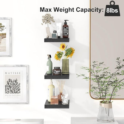 Fixwal Small Floating Shelves for Wall, 8 Inch Black Shelves Wall Mounted Shelf for Bathroom, Living Room, Bedroom, Kitchen Decor (Set of 3, 8x8)
