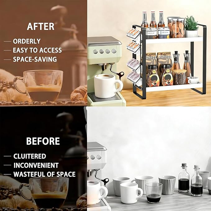 LEMIKKLE Coffee Station Organizer for Counter, Coffee Pods Holder Storage, Wooden Kitchen Counter Shelf, (WHITE)