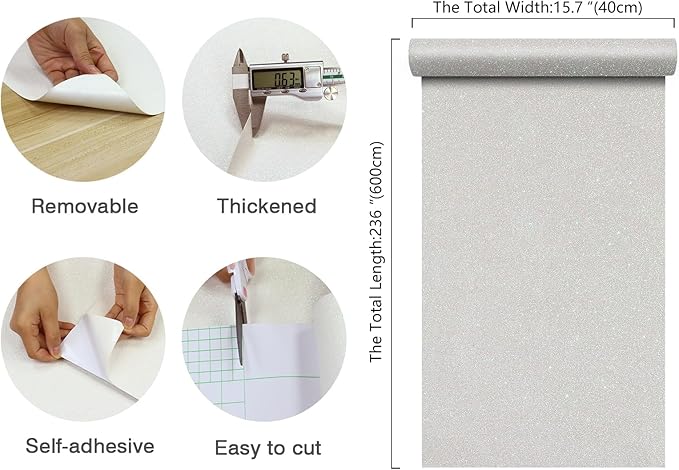 CHIHUT Off White Glitter Wallpaper for Bedroom 15.7''x236'' Self Adhesive Sparkle Shiny White Glitter Contact Paper Removable Textured Fabric Wall Paper Roll for Shelf Liner Dresser Room Decoration