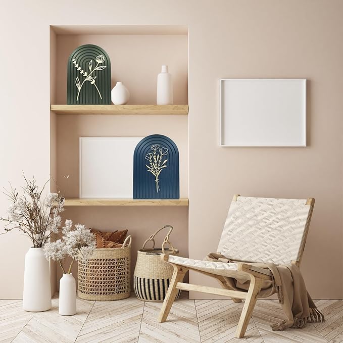 Teeloray Boho Wall Decor Wooden Arch Floral Mid Century Modern Shelf Decor Aesthetic Bohemian Art Wall Hanging Decor with 3D Hollow Craft Minimalist Wall Art for Bookshelf Living Room Bedroom