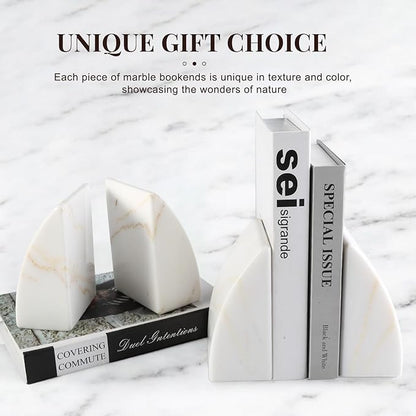 Koville Marble Bookends for Shelves, Large Bookends for Heavy Books, Natural Stone Book Stopper for Books CD Movies, Aesthetic Decorative Book Ends (Golden Calacatta)