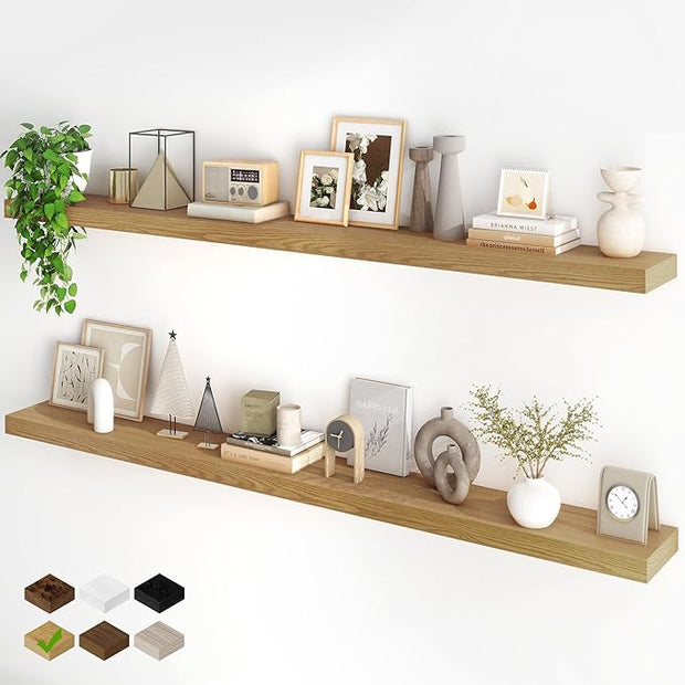 Fun Memories 72Inch Floating Shelves,Wall Mounted Rustic Wood Floating Shelf with Invisible Brackets for Storage & Decor,2 Pack Shelves for Bathroom,Bedroom and Kitchen,Oak