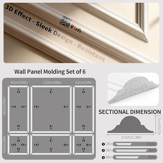 VCK Pre-Cut 3D Wall Molding Kit, Set of 6 | Ready-to-Assemble Wainscoting Panels for Accent Wall Decor | Easy DIY Installation with Glue | for Living Room & Bedroom (3 Top & 3 Bottom)
