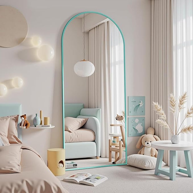 Antok 58" x18” Arched Full Length Floor Mirror, Blue Aluminum Frame, Free Standing/Wall Mount/Leaning for Bedroom, Living Room, Dressing Room