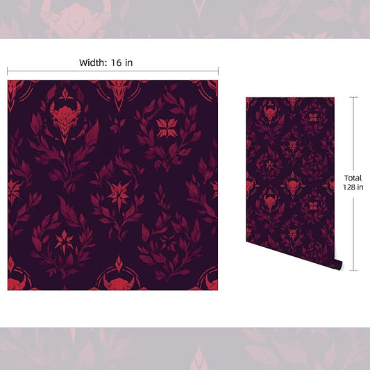 FLFK Gothic Peel and Stick Wallpaper - 16" x 128" Dark Red & Deep Purple Vintage Botanical Wall Paper for Living Room, Bedroom, Kitchen, Office, Apartment Decor