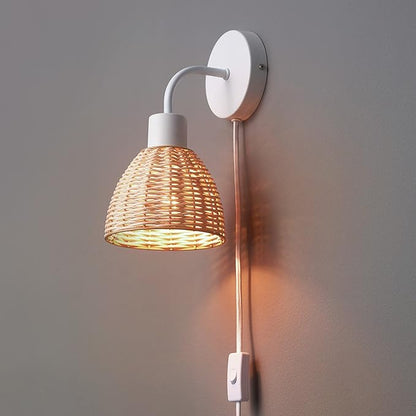 Globe Electric 65928 Briar 1-Light Plug-in or Hardwire Wall Sconce, Matte White, Rattan Shade, 6ft White Braided Fabric Designer Cord, in-Line On/Off Rocker Switch
