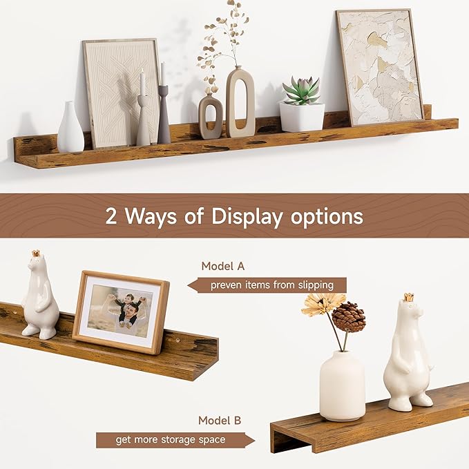 Fun Memories Picture Ledge Shelf, 32 Inch Floating Shelves Set of 2, Large Nursery Book Shelves for Toys Storage, Kids Bookshelf Wall Mounted for Wall Decor Books Photo Frames, Rustic Brown
