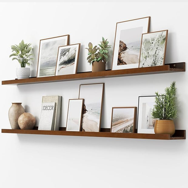 Picture Ledge Shelf, Floating Shelves Set of 2, Solid Ash Wood 72'' Long Large Nursery Book Shelves for Toys Storage, Kids Bookshelf for Living Room Bedroom Decor Books Photo Frames, Walnut