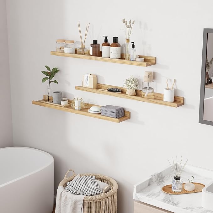 RICHFOCUS Floating Shelves for Wall, 36 inch Solid Wood Picture Ledge Shelf for Wall Storage, Nursery Book Shelves with Lip for Living Room Bathroom Bedroom Kitchen, Set of 3, Natural