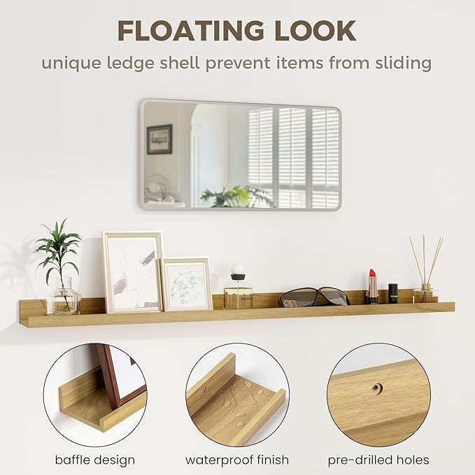 Axeman 72 Inch Floating Shelves | Picture Ledge Shelf Set of 2 | Oak Wall Shelves with Lip | Oak Picture Shelf for Wall with Ledge | Photo Ledges 72 Inch